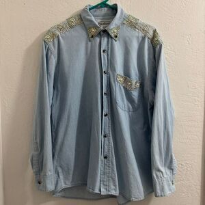 Patchington Vintage Pearl & Glitter Embellished Chambray Button Down M